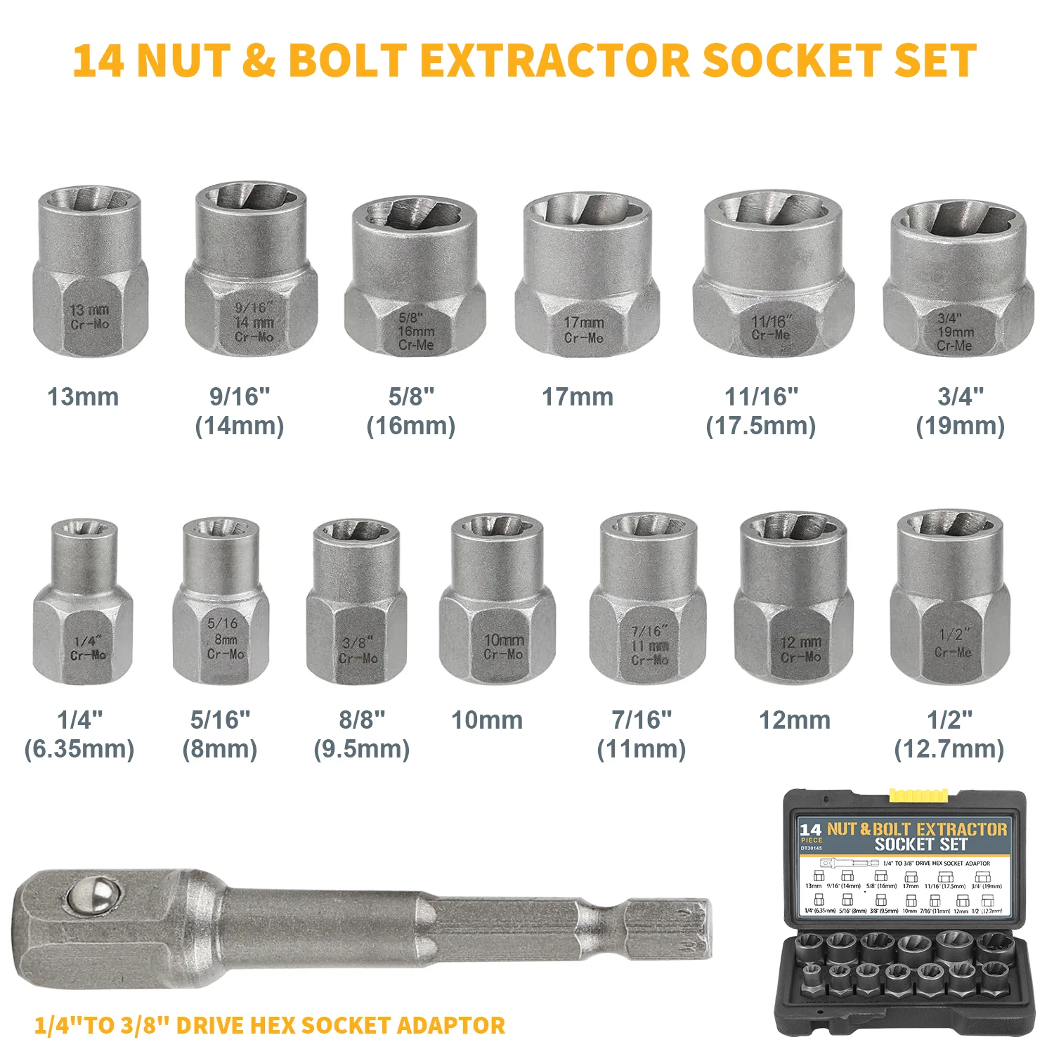 14 Pieces Impact Bolt & Nut Remover Set Cr-Mo Steel Bolt Extractor Tool Set with Solid Storage Case for Industrial Drop Shipping