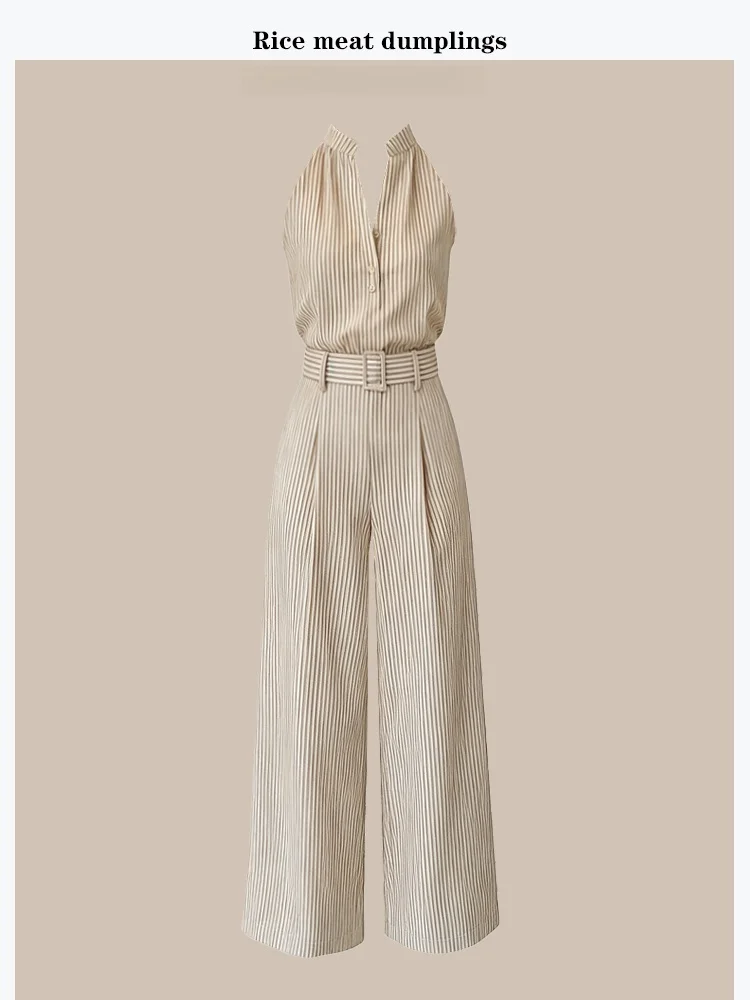 

Summer Stripe Linen Texture Two-Piece Set Women's Fashion Outfit Slim Fit High Waist Long Pants Button Closure Casual Wear