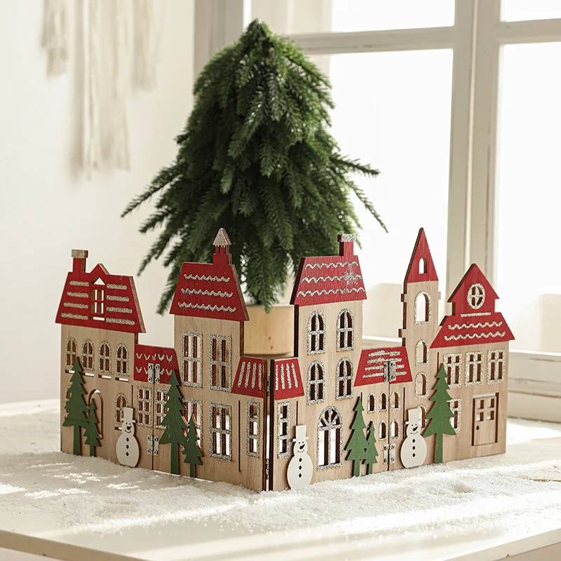 New Christmas House Row Red Green Decorative Wooden Christmas Foldable Ornament Modern Simplicity Living Room Home Decor Items