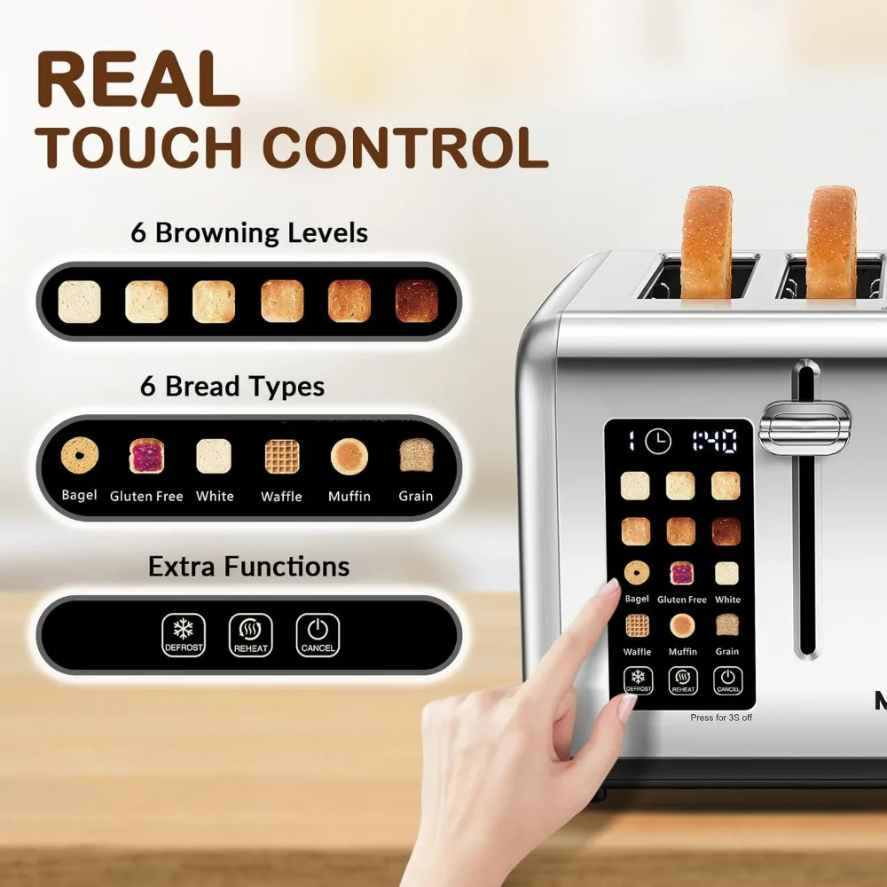 Toque tela controle torradeira para muffin waffle, painel de controle duplo, temporizador, descongelar, reaquecer, 4 fatia, 4 slot, 120V, 1650W