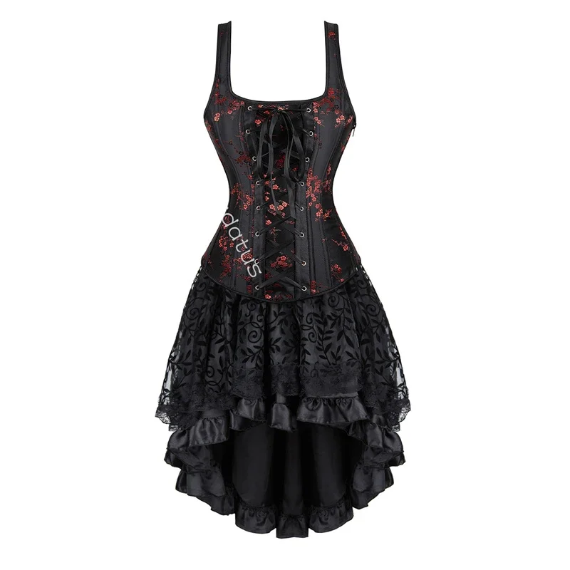 Red Corset Dress Women Skrit Set Strap Lace Zipper Costume Party Sexy Burlesque Halloween Basques Outfit Plus Size Medieval