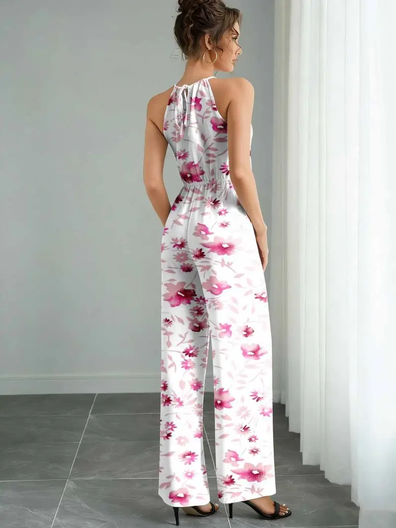 Women's Sleeveless Hanging Neck Wide Leg Jumpsuit Cinched Waist Slimming Pants for Dating And Commuting Casual Atmosphere