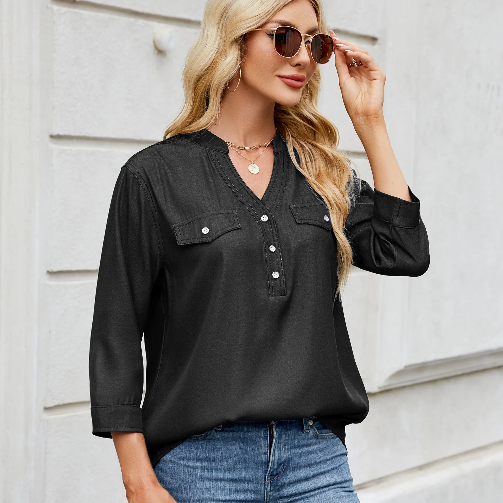 Bluzka damska Casual Shirts V Neck Full Sleeve Buttons Solid Color Loose Top 2025 Spring Summer Streetwear Female Overshirt