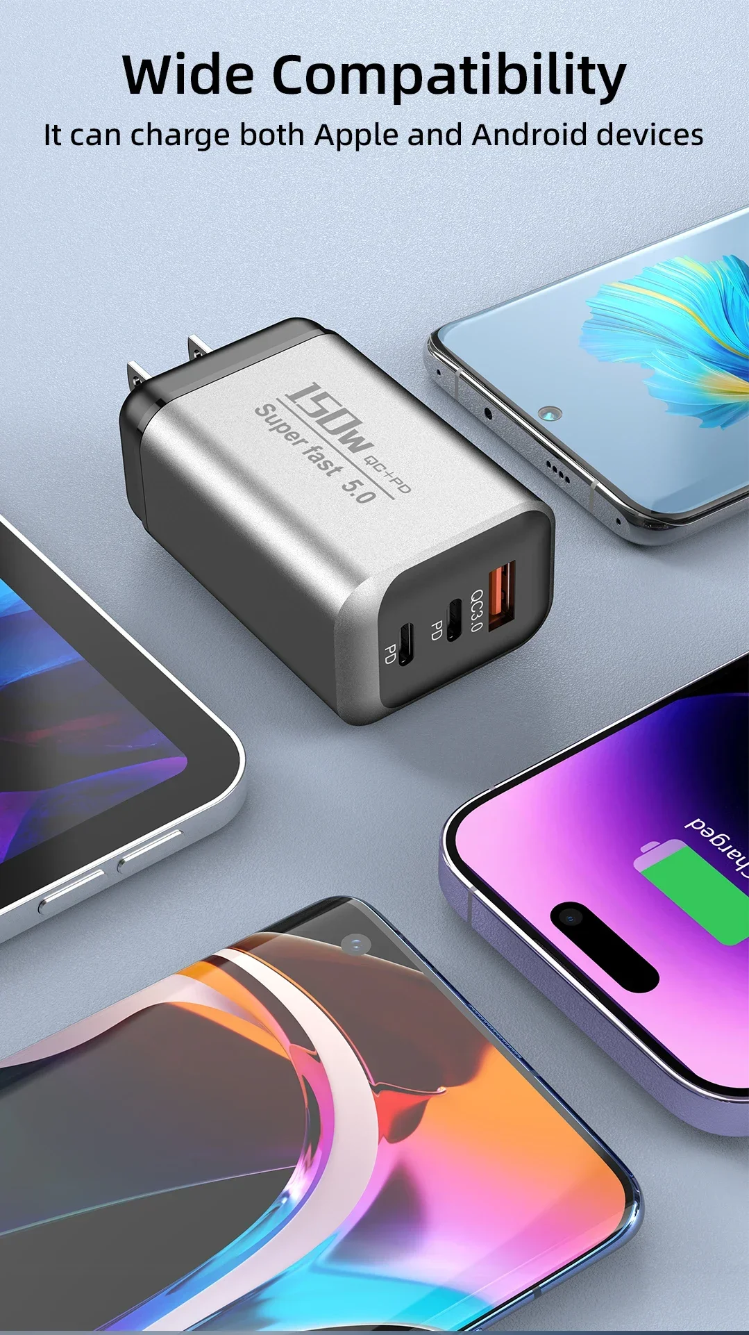 150W Schnelllade-USB-Typ-C-Ladegerät QC3.0 Handy-Ladegerät USB-Reiseadapter für iPhone 17 Samsung Xiaomi EU/UK/US-Stecker – Detail 4