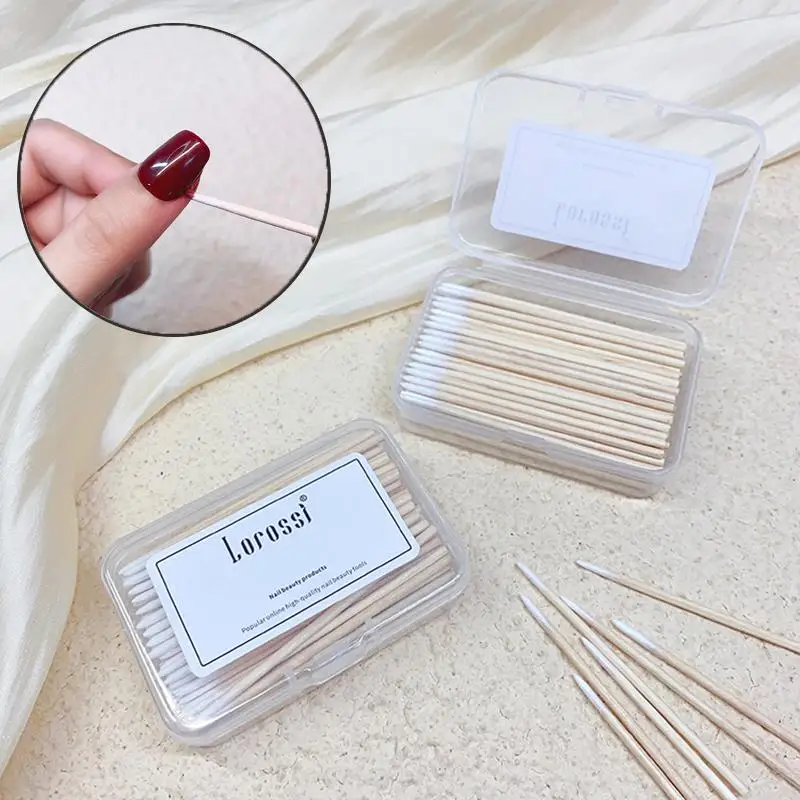 100Pcs/box Nails Wood Swab Cleaning Stick Bud Tip Wooden Cotton Head Manicure Detail Corrector Nail Polish Remover Manicure Tool