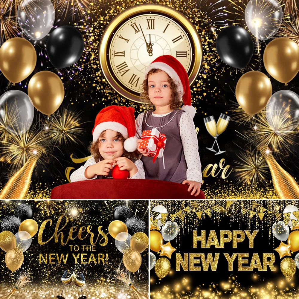 

2025 Happy New Year Backdrops Glitter Balloon Clocks Champagne Christmas Family Party New Years Eve Decor Photography Background