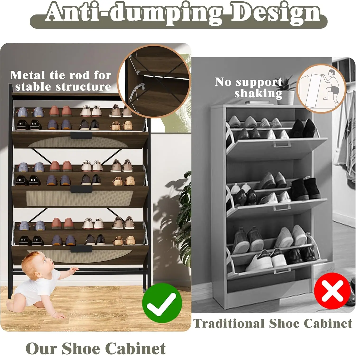 ตู้เก็บรองเท้าแบบตั้งพื้นขาเหล็ก พร้อมลิ้นชักแบบพับได้ 3 ชั้น สำหรับทางเข้าบ้าน ที่เก็บรองเท้าแบบซ่อน