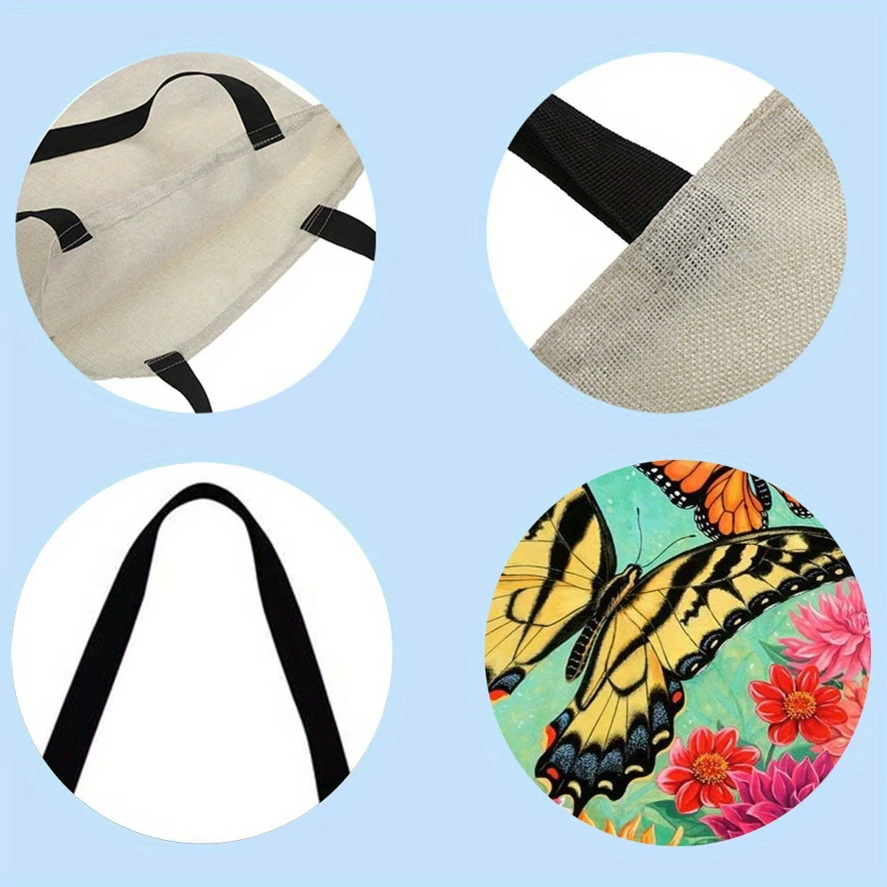 1pc Butterfly Pattern ShopperBags Reusable Handbag Large Capacity Vintage Shoulder Bag Linen Fabric Bag