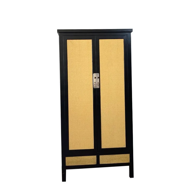 Medieval solid wood rattan wardrobe, modern simple bedroom cloakroom, black storage cabinet, locker