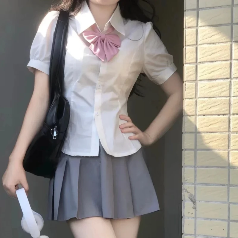 

Original Preppy Style Jk Uniform Women's 2025 White Top For Summer Short Sleeve Shirt Waist-fitted Puff Sleeve sdffr23