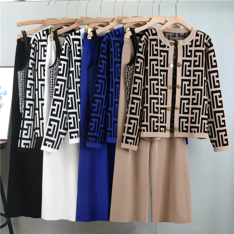 Autumn Knitted Three Pieces Sets 2024 Slim Tank Top Long Sleeves Cardigan Elastic Wide Leg Pants Fashion Sweater Set