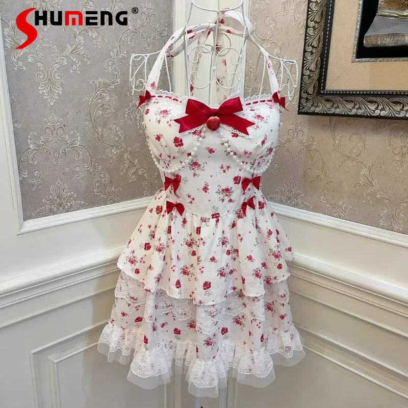 

French Sweet Bow Strawberry Cake Lace Trim Daily Wear Waist-Cinching Halter Neck Dress Kawaii Clothes Y2k Sweet Strap Dresses