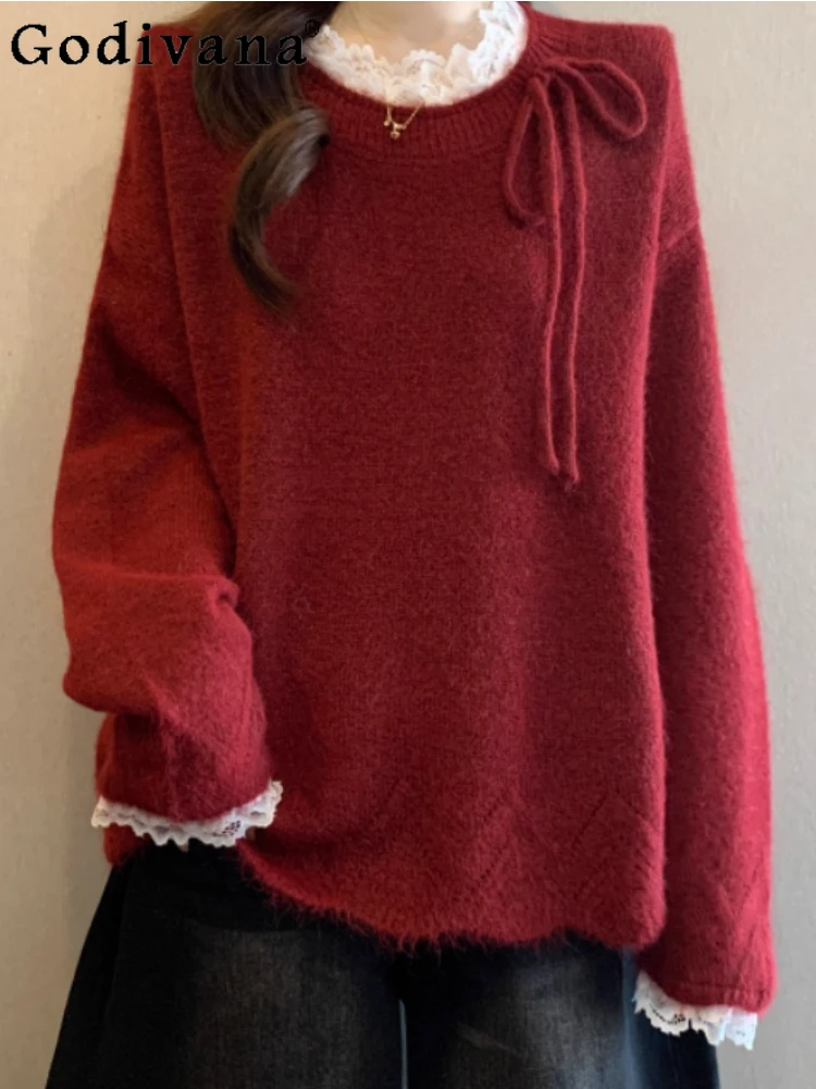 

Christmas Elegant French Lace Splicing Red Crew Neck Sweater Women Winter New Plus Size Unique Loose Versatile Pretty Knit Top
