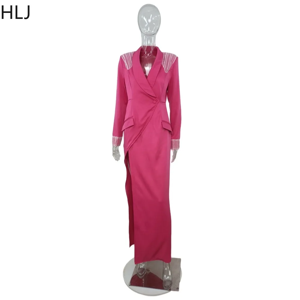 HLJ Elegant Lady Patchwork Blazer abiti da sera da sera donna scollo a V manica lunga con spacco alto Maxi abiti moda Solid Vestidos