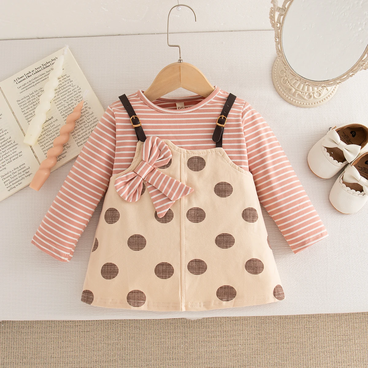 

Spring And Autumn New Bow And Spot Pattern Fake Two-Piece Baby Girl Dress Cute Casual Girl Kid's Dress