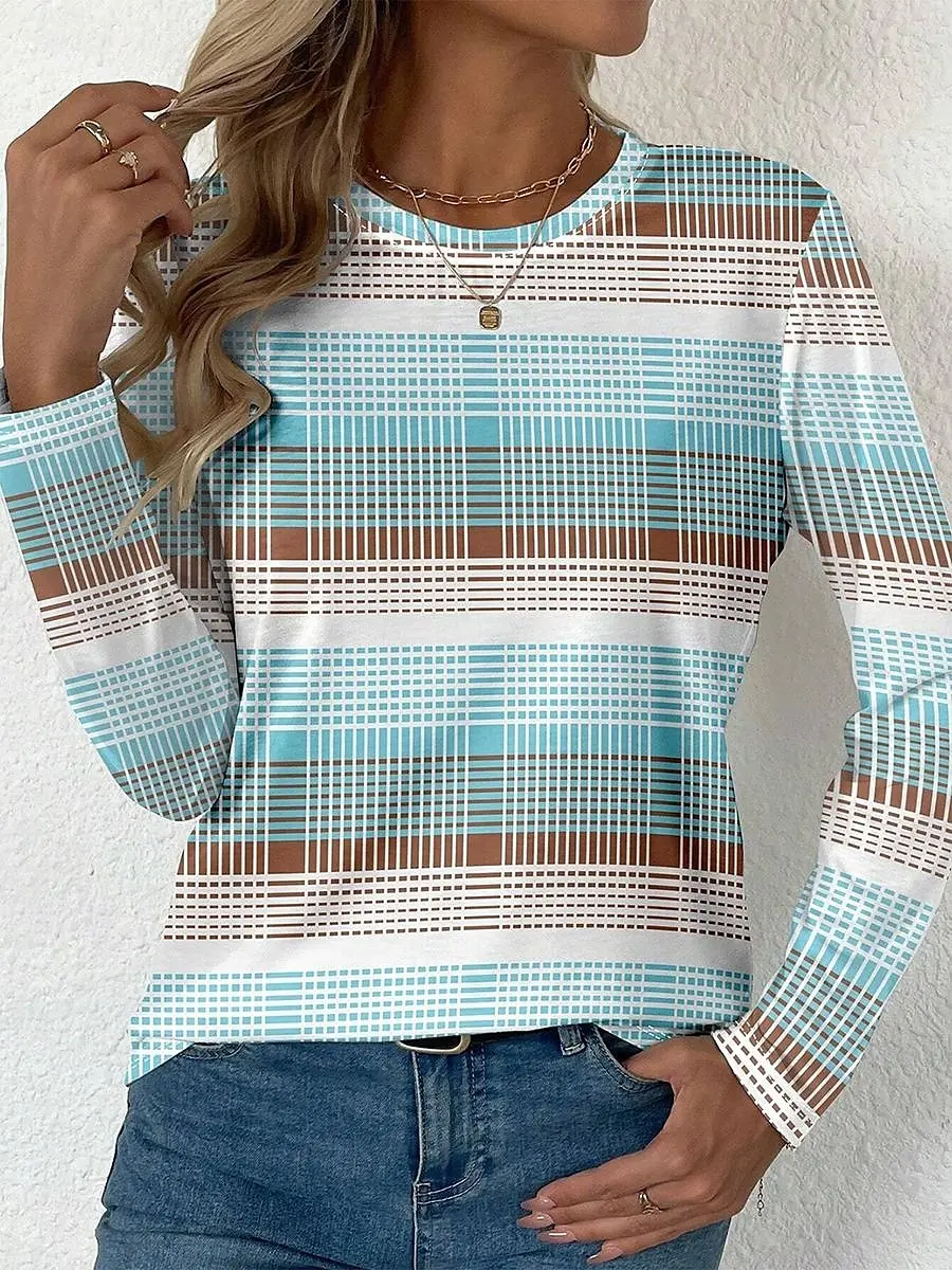

2025 Women's T-shirts Casual Long Sleeve Tops Fashion Striped Graphics Tees Shirts Blouse O-neck Fall Winter Streetwear Pullover