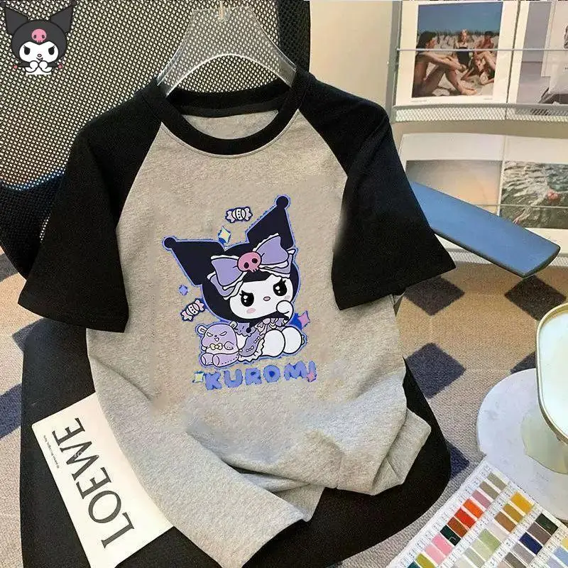 

Детская футболка «Hello Kitty Kuromi» с короткими рукавами Kawaii Sanrio, новая летняя футболка с рисунком аниме, модная, приятная для кожи, мягкая