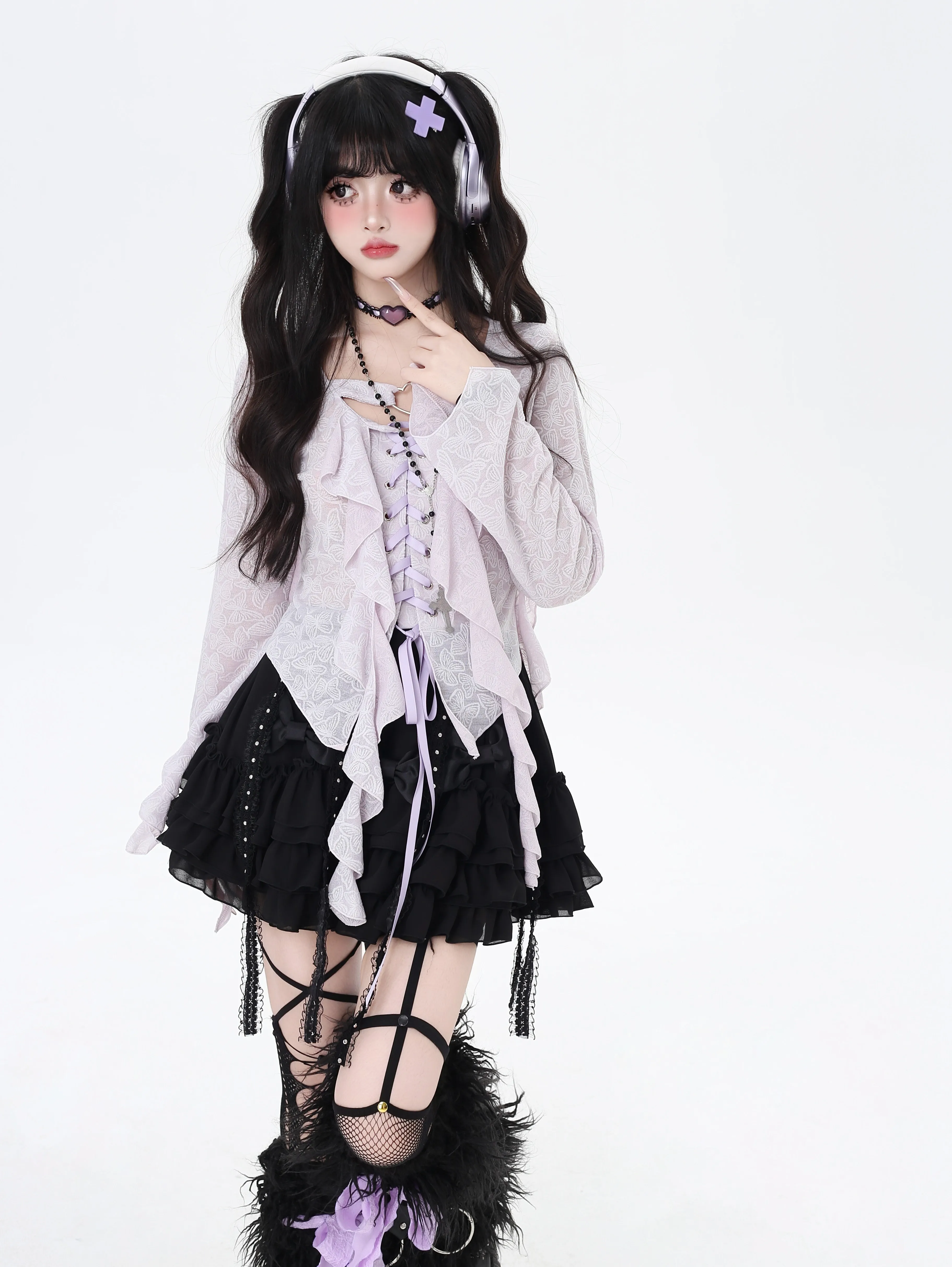 Summer New Sweet Vacation Lace-up Ribbon Chiffon Flare Sleeve Irregular Top Women's Pink Long Sleeve Age-reducing Versatile Tops