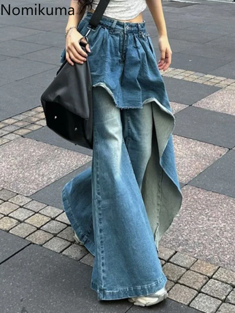 

Streetwear Fashion Y2k Jeans Harajuku Korean Flare Pants Pantalon Femme Patchwork Fake Two Chic Denim Trousers 2025 New Bottoms