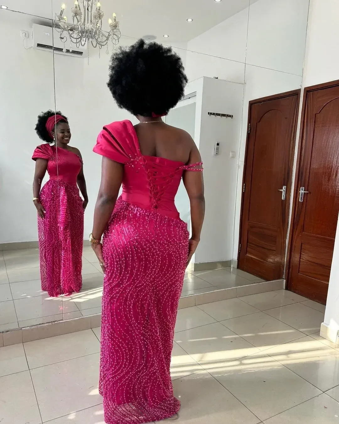 Hot Pink Luxury Beaded Lace African Formal Party Dresses Black Girls Fuchsia Birthday Dress Aso Ebi Style Wedding Guest Gowns