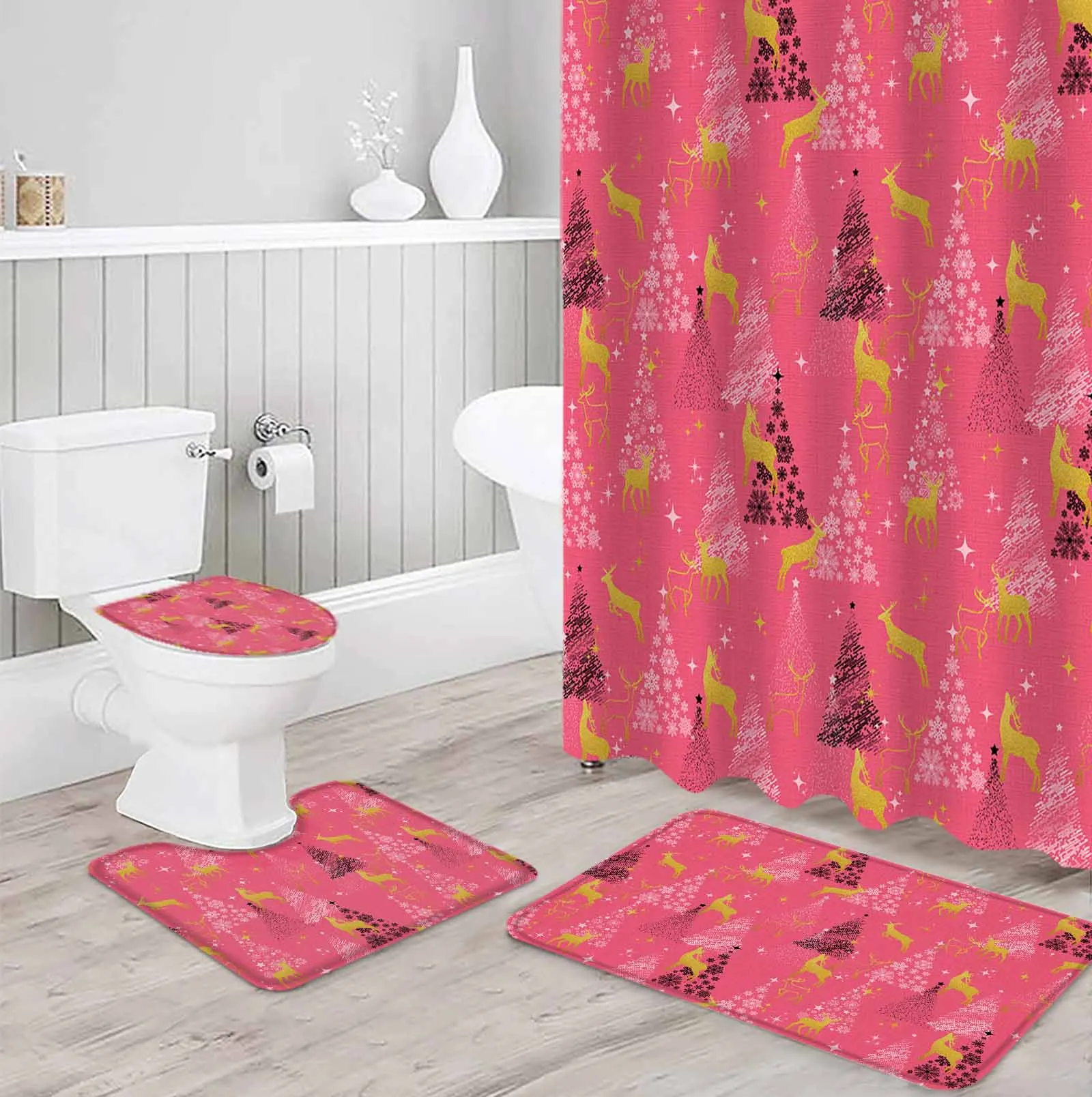 Christmas Tree StarsPolyester printed shower curtain bathroom set,luxurious curtainsabstract 4-piece setcoral fleece floor mat