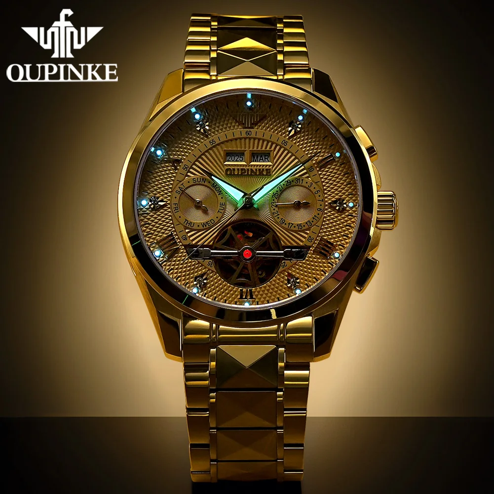 ساعة يد ميكانيكية أوتوماتيكية للرجال من OUPINKE مقاومة للماء ساعات رجالية فاخرة مضيئة من الفولاذ التنغستن 3265