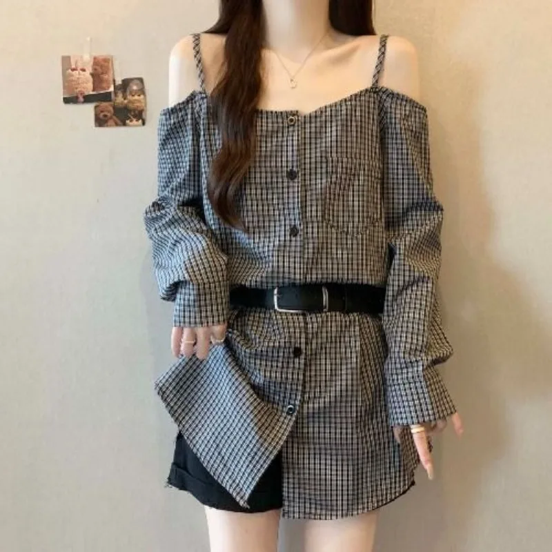 

One-shoulder Plaid Long-sleeved Shirt Women Autumn New Mid-length Waist-hugging Top