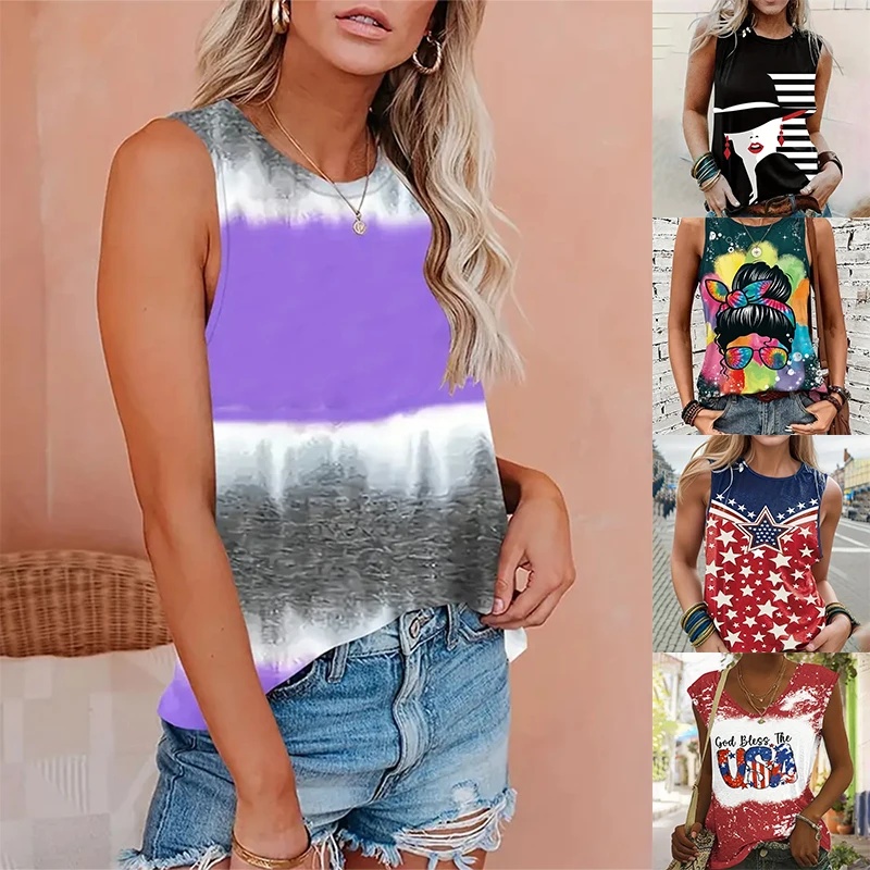 Women's Crew Neck Vest Printed Figure Summer Casual Oversized Women's Loose Top Y2K Style Vest Breathable and Refreshing Vest