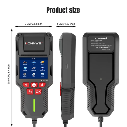 Imagen 2 del producto KONNWEI-probador de batería de coche, 12V/24V, compatible con 13 opciones de idioma, prueba de batería de 10-2000CCA, impresión de datos, herramienta de escaneo de batería de coche