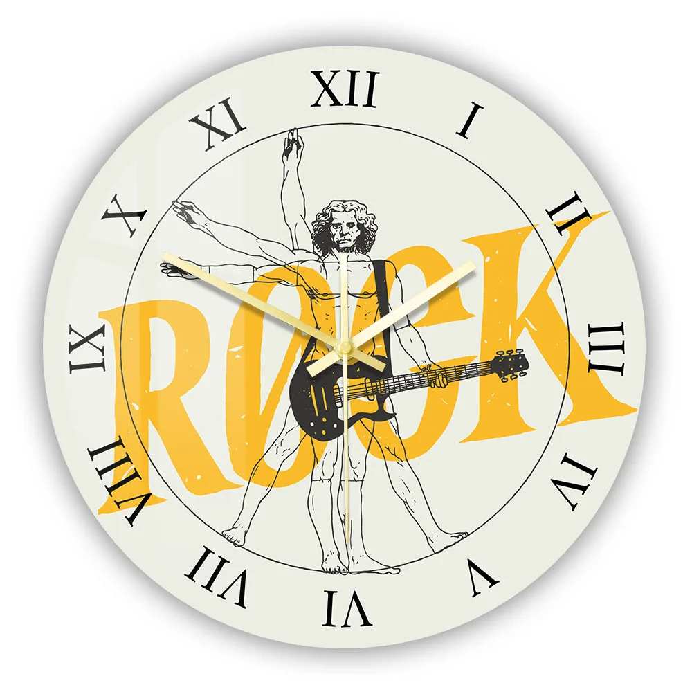 Vintruvian Man Rock Guitar Player Roman Numerals Wall Clock Parody Artist Home Decor Electric Bass Acoustic Guitarist Wall Watch