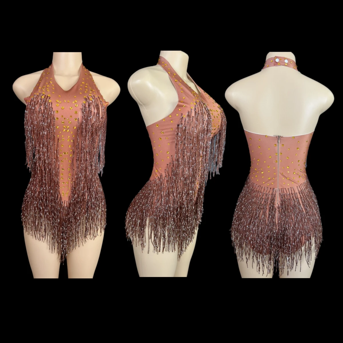 Sparkly Rhinestones Fringe Bodysuit WomenVightclub Party Dance Costume Stage Wear SexyTassel Leotard Performance Clothing G7