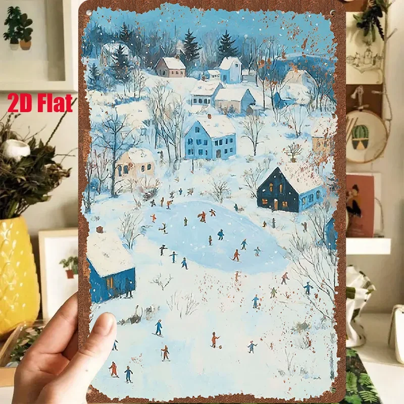 2D Flat - A 1pc 2D [Flat] Metal Sign Titled 'Winter Snowy Village' Measuring 8X12 Inches / 20X30 Cm Depicts a Scene of a Snow-Co