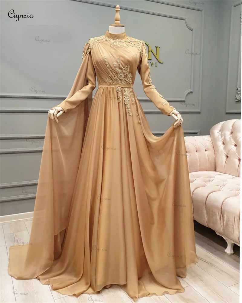 Ciynsia Dubai Kaftan Hijab Formal Dress A-Line Chiffon Long Sleeve Evening Gowns 2024 Muslim Gold Arabic Prom Robe De Soiree