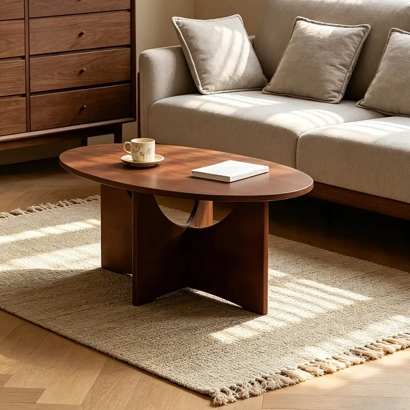 Minimalist Wood Oval Coffee Table, Scandinavian-Inspired Center Table, End Table with Geometric Legs for Living Room