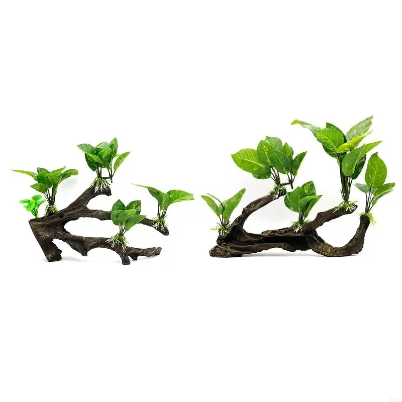 KXRA Aquarium Landscape Artificial Driftwood with Plastic Plants Resin Branch