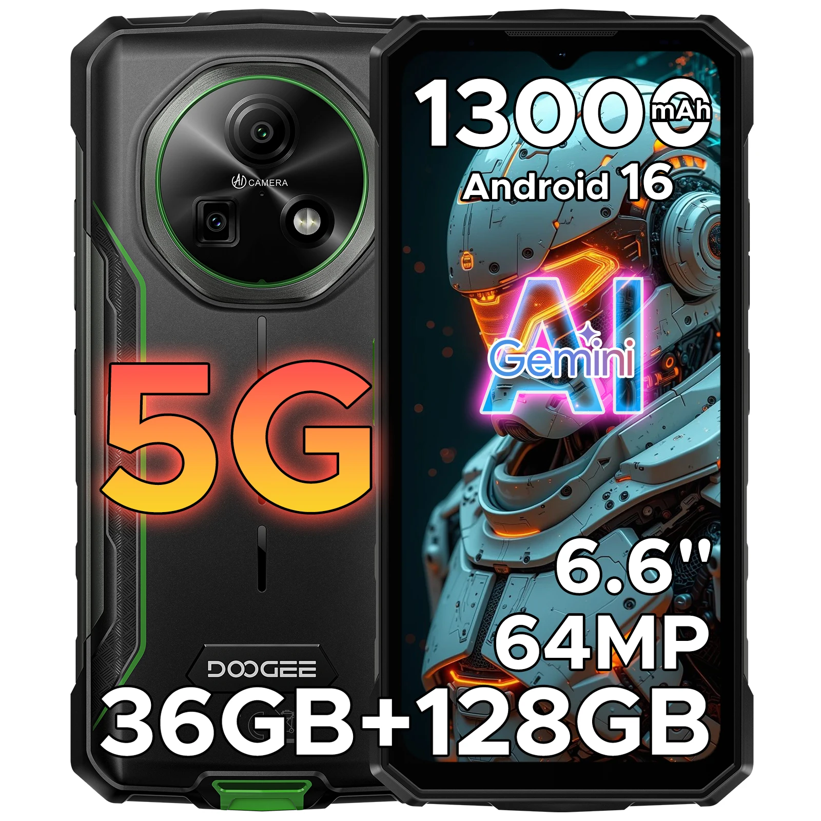 DOOGEE Fire 7 5G robuuste telefoon Gemini AI 36GB(6+30) RAM 128GB ROM 13000mAh batterij Dimensity 6300 NFC smartphone