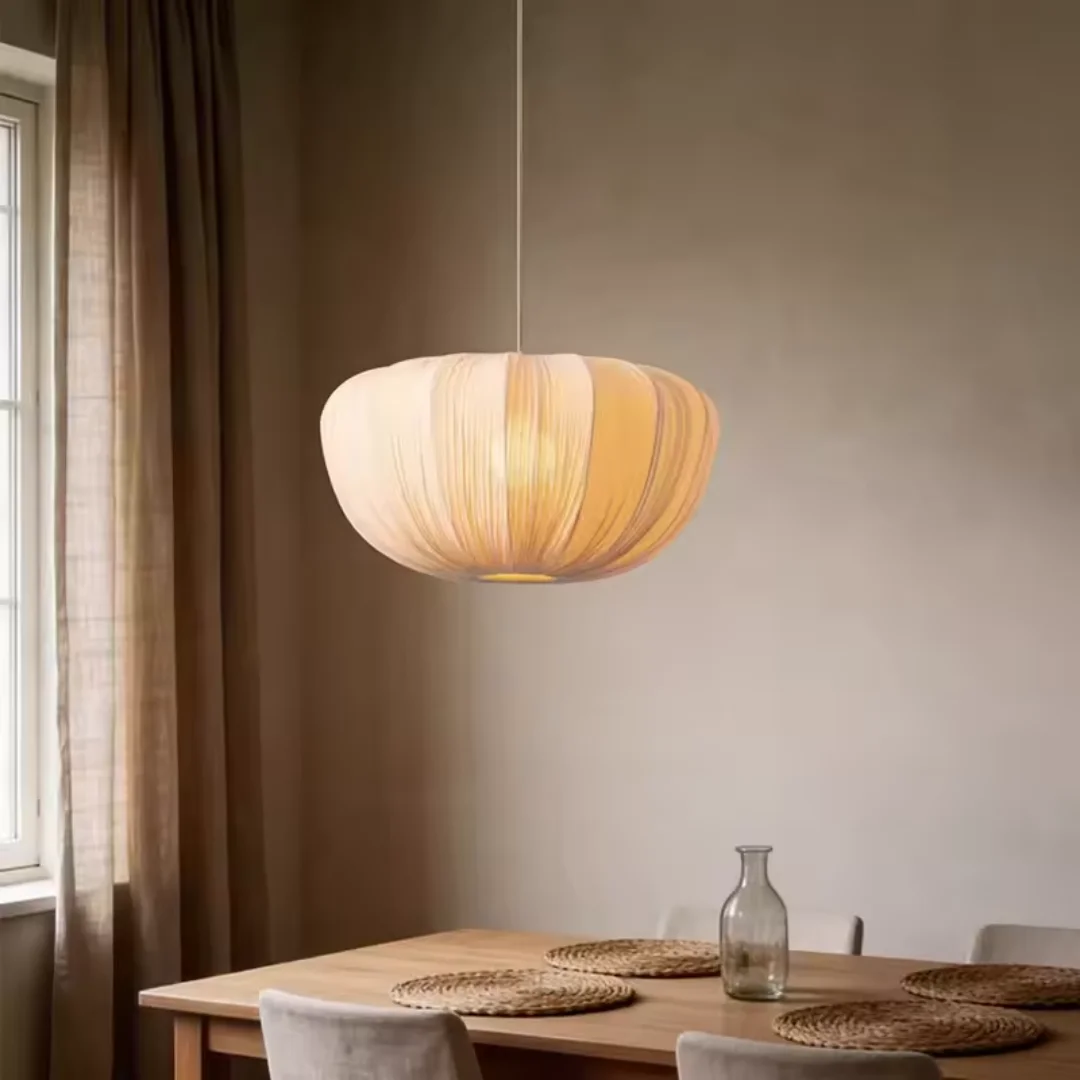 Japanese Wabi Sabi Fabric Pendant Light LED Beige Hanging Lamp For Living Room Restaurant Vintage Cloth Dining Lights Fixtures