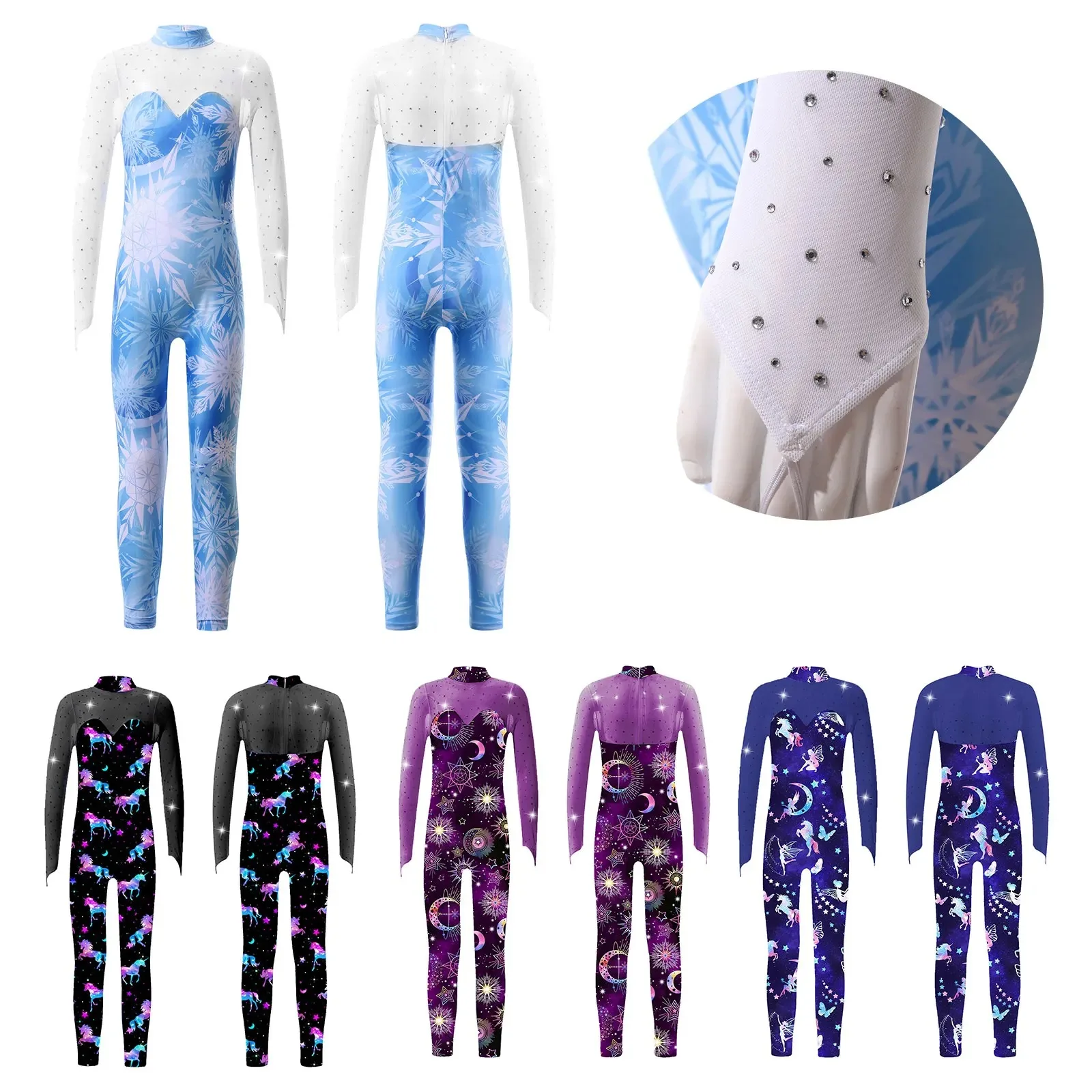 Kids Girls Shiny Rhinestone Gymnastics Leotards Dance Unitard Long Sleeve Mock Neck Mesh Splice Full Bodysuit Skating Jumpsuit