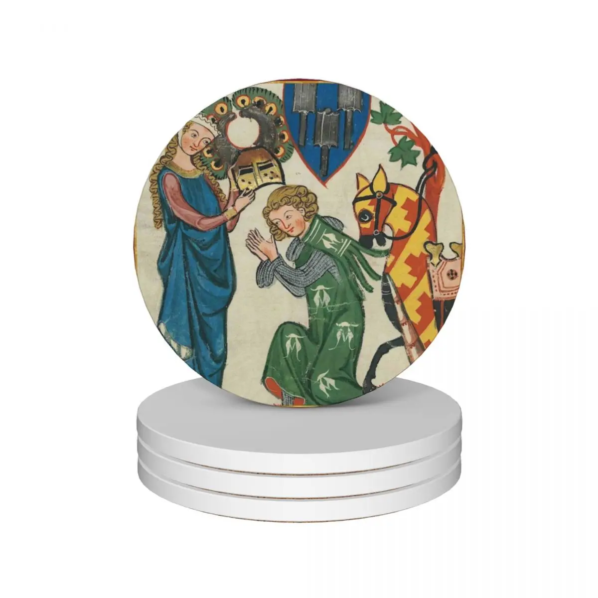 

She Bestows His Helm Medieval Illumination Ceramic Coasters (Set of 4) cute cup pot Coasters