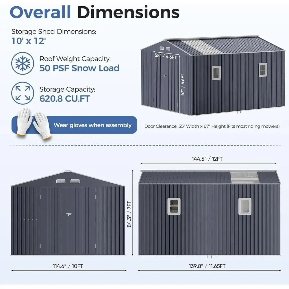 Durable 10x12 Metal Shed Kit with Floor, Reinforced 20-Gauge Steel, 50 PS Load, 120 MPH Wind Resistance, Ideal for Outdoor Stora