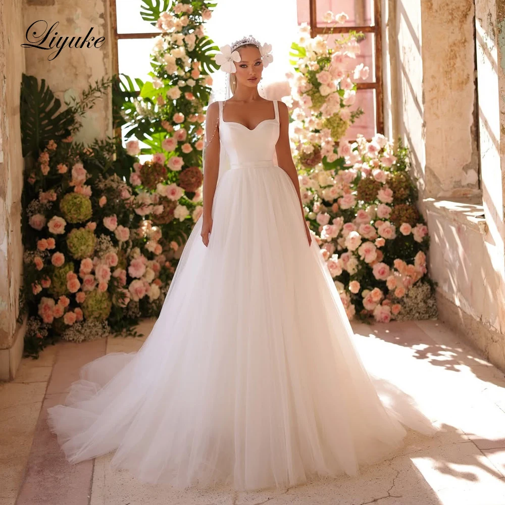 Liyuke Abiti da sposa a trapezio in morbido tulle su misura con spalline senza maniche eleganti abiti da sposa con scollo a cuore