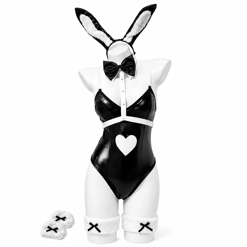 

Anime Kawaii Bunny Girl Cosplay Costume Women PU Heart Hollow Out Bodysuit Rabbit Ear Role Play Outfit Halloween Party Carnival