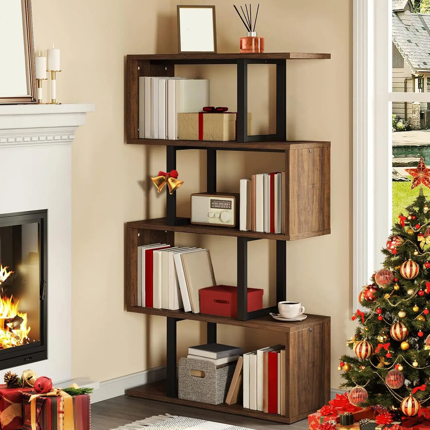 

5-Tier Bookshelf, S-Shaped Z-Shelf Bookshelves and Bookcase, Industrial Freestanding Multifunctional Decorative Storage