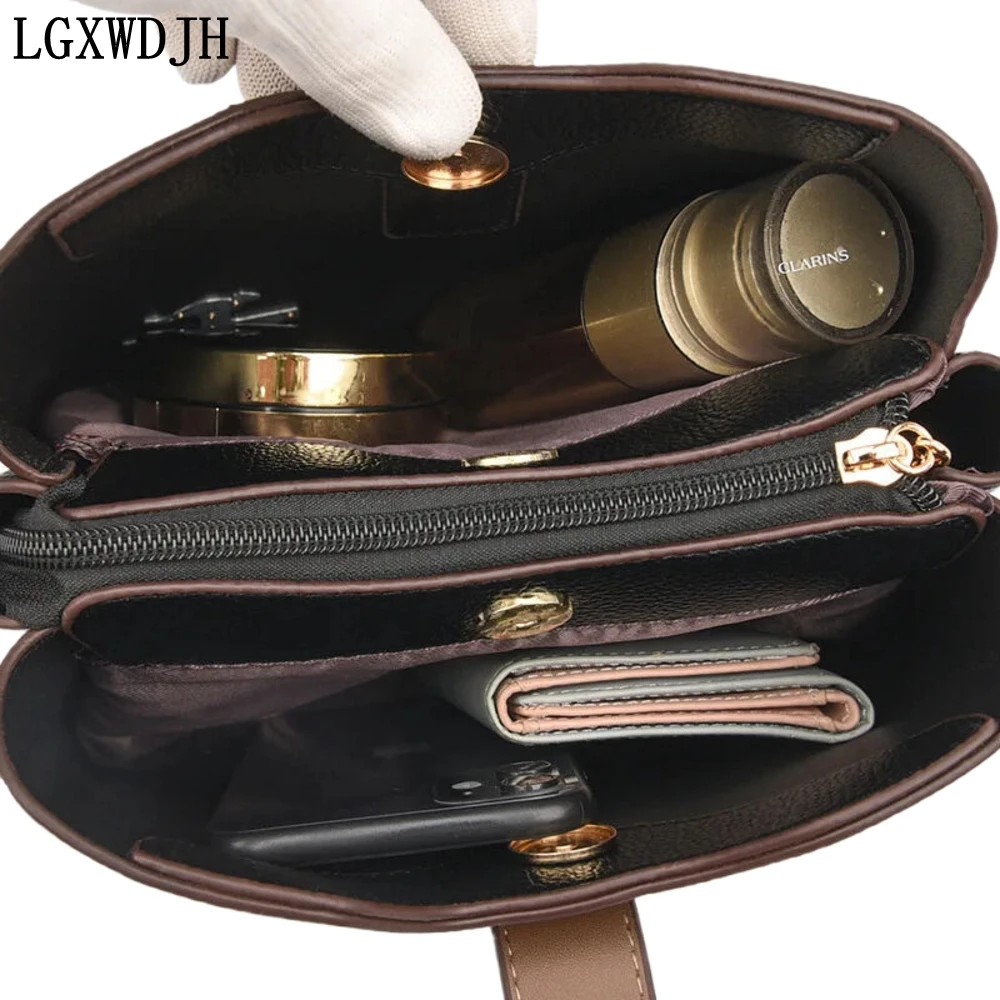 Contrast color lock bucket women\'s shoulder bag Urban simple composite cowhide crossbody bags Korean style kangaroo handbag