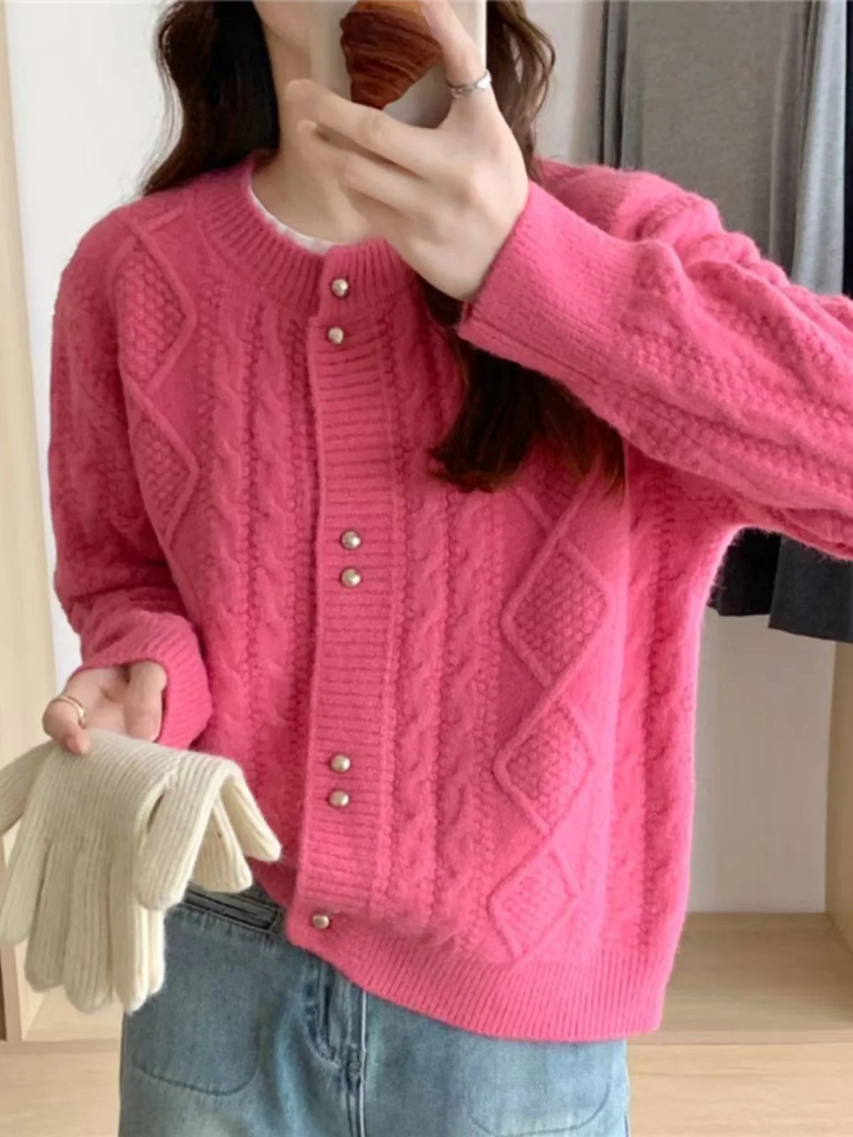 

plus Size Women's Pink Knitted Open Cardigan round Ne Autumn Winter New Sle Fatter MM High End Feeling Top Golden Button ...