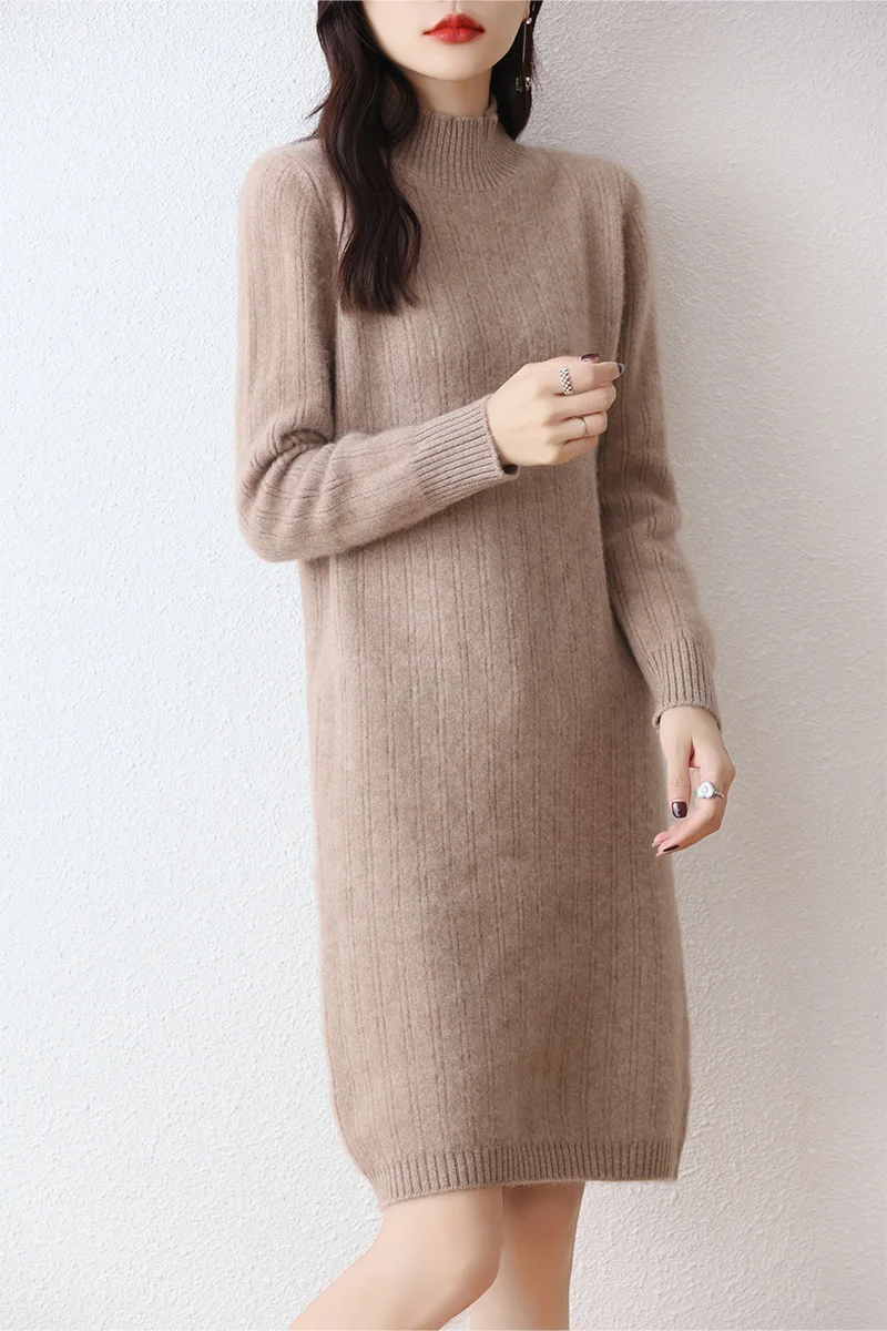 100% Merino Wool 2023 Autumn Women's New Dress Half-Height Round Neck Thick Solid Color