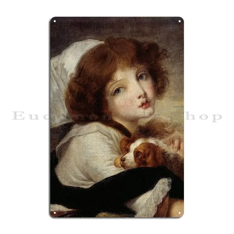 Greuze Jean Baptiste Portrait Of A Little Girl With A Little Dog Metal Sign Painting Custom Designer Wall Cave Tin Sign Poster