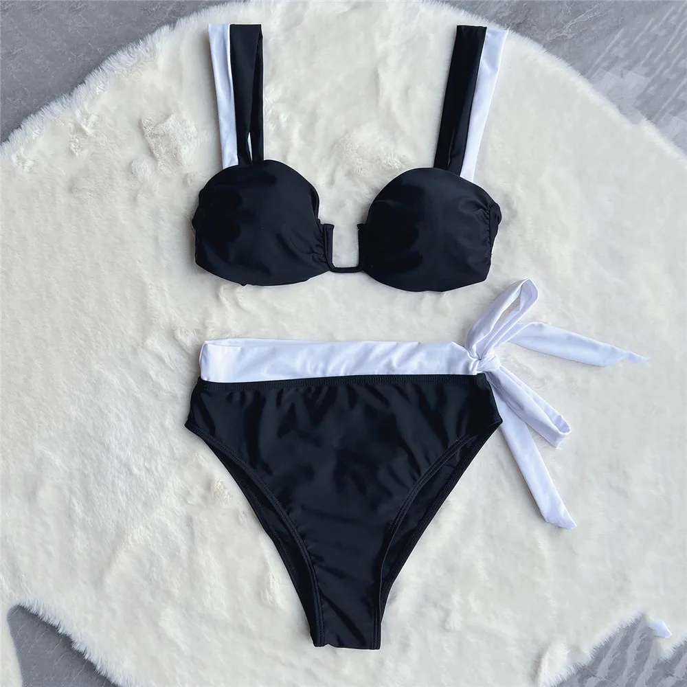 Bikinis Sets Sexy Black White Contrast Swimwear 2024 Women High Waist Push Up Swimsuits Knotted Bathing Two Piece Suit Brazilian