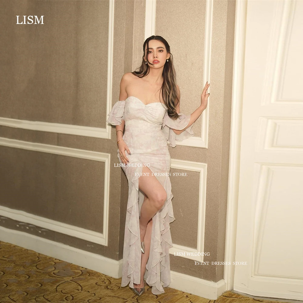 

LISM Simple Off Shoulder Wedding Dress Saudi Arabia High Split Floor Length Bridal Gown Short Sleeve Formal Occasion Dresses