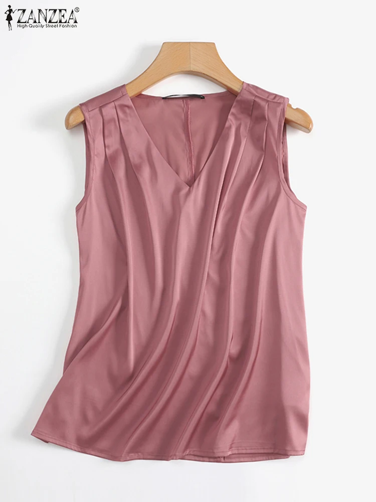 ZANZEA Summer Satin Tank Tops Woman Fashion Pleated Camis V Neck Sleeveless Shirt Casual Elegant Commute Everyday Chemise 2024